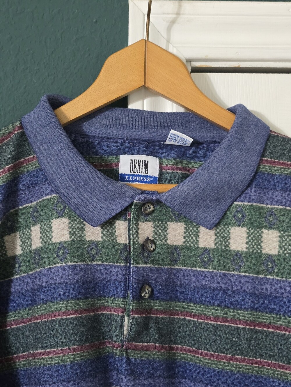 Vintage Denim Express Knit Polo Sweatshirt 3X Geometric Striped Coaxial Grandpa - Picture 3 of 5